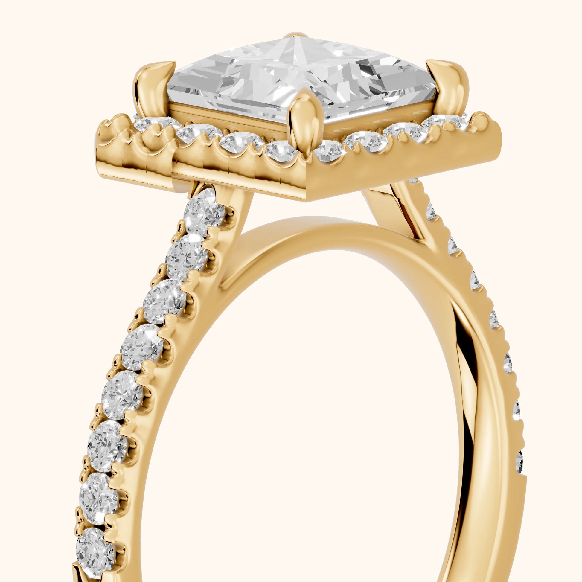 Amara Halo Claw Prong Princess Diamond Ring in Yellow Gold - slant-view.webp
