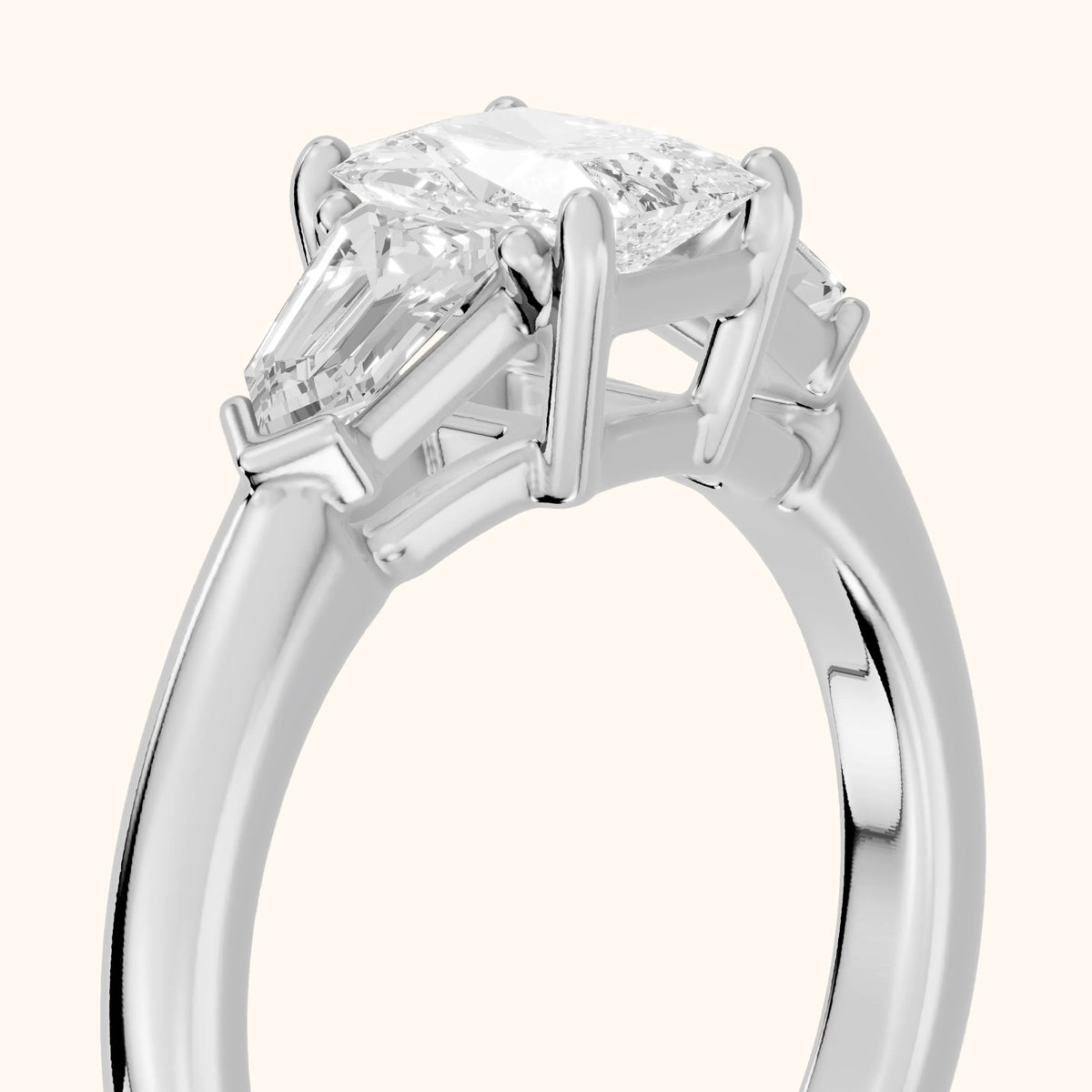 Dorothea Baguette Three-Stone Radiant Diamond Engagement Ring in White Gold - slant-view.webp