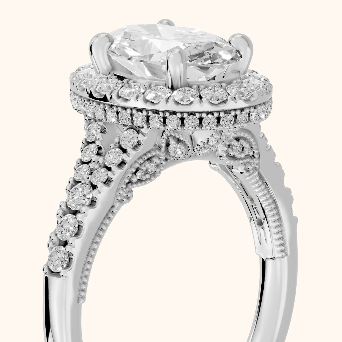 Kenner Halo Split Shank Oval Diamond Engagement Ring in Platinum - slant-view.webp