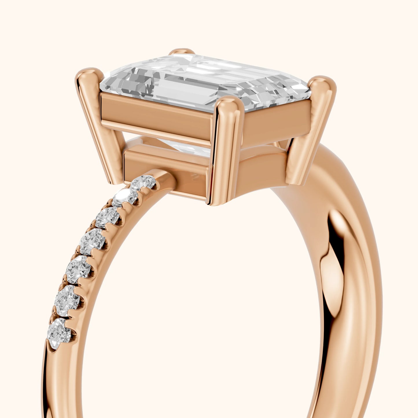 Rosie Solitaire Basket Emerald Diamond Engagement Ring in Rose Gold - slant-view.webp