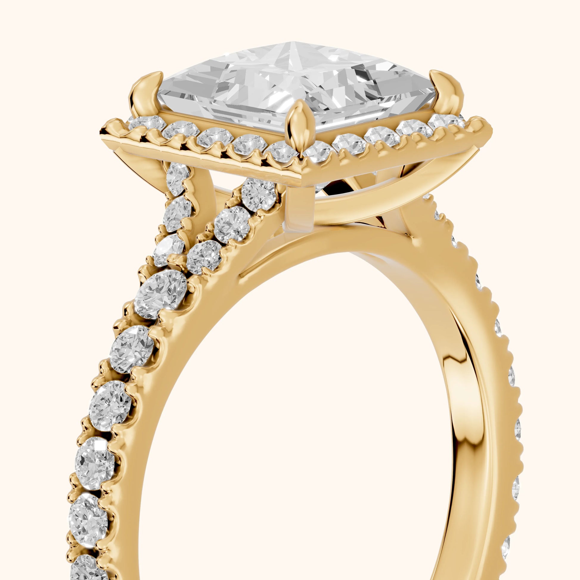Bella Halo Pavé Princess Diamond Engagement Ring in Yellow Gold - slant-view.webp