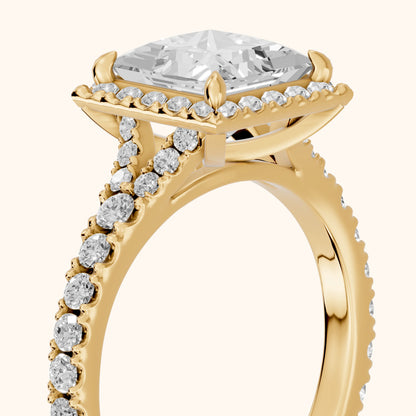 Bella Halo Pavé Princess Diamond Engagement Ring in Yellow Gold - slant-view.webp