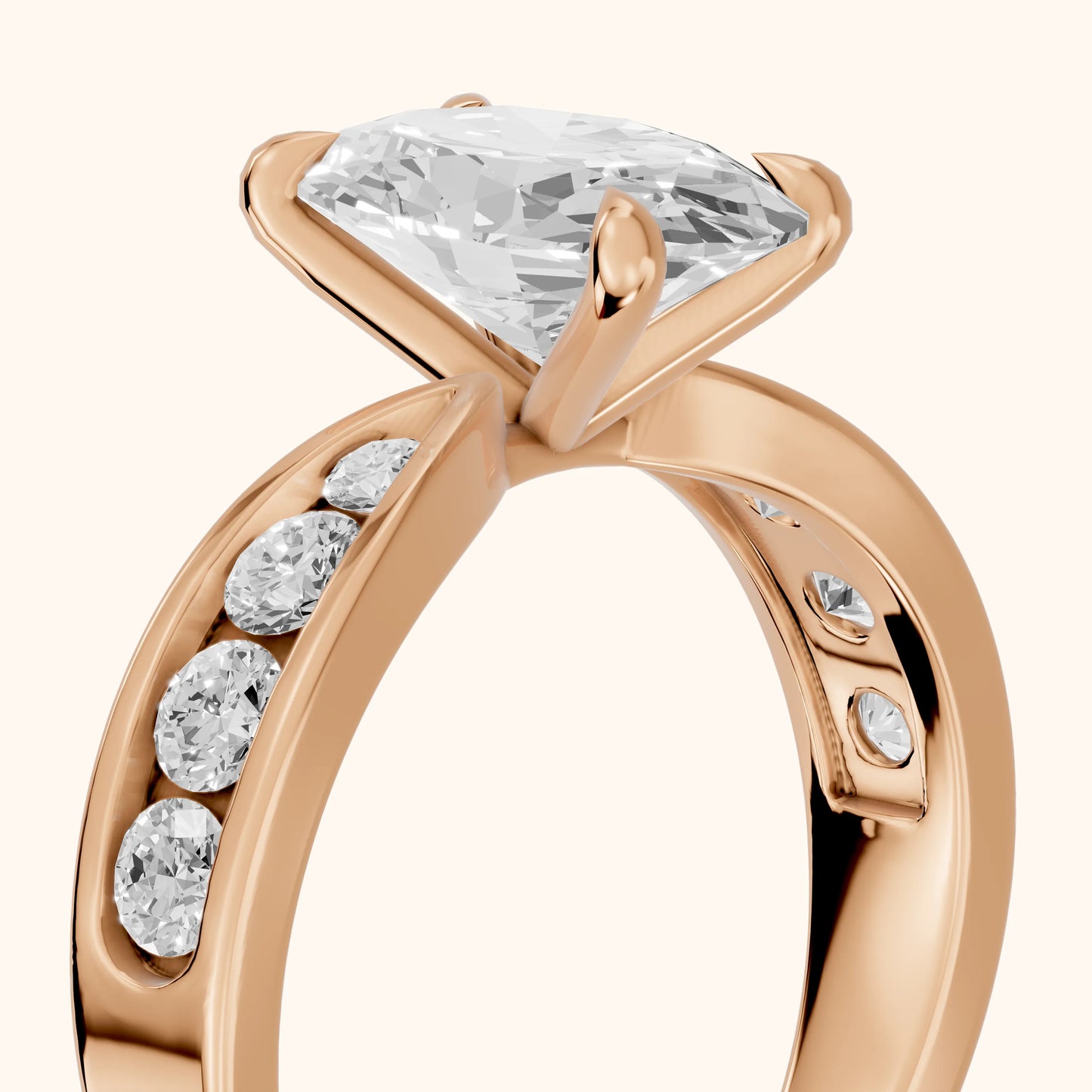 Noor Channel Set Sidestone Oval Diamond Engagement Ring in Rose Gold - slant-view.webp