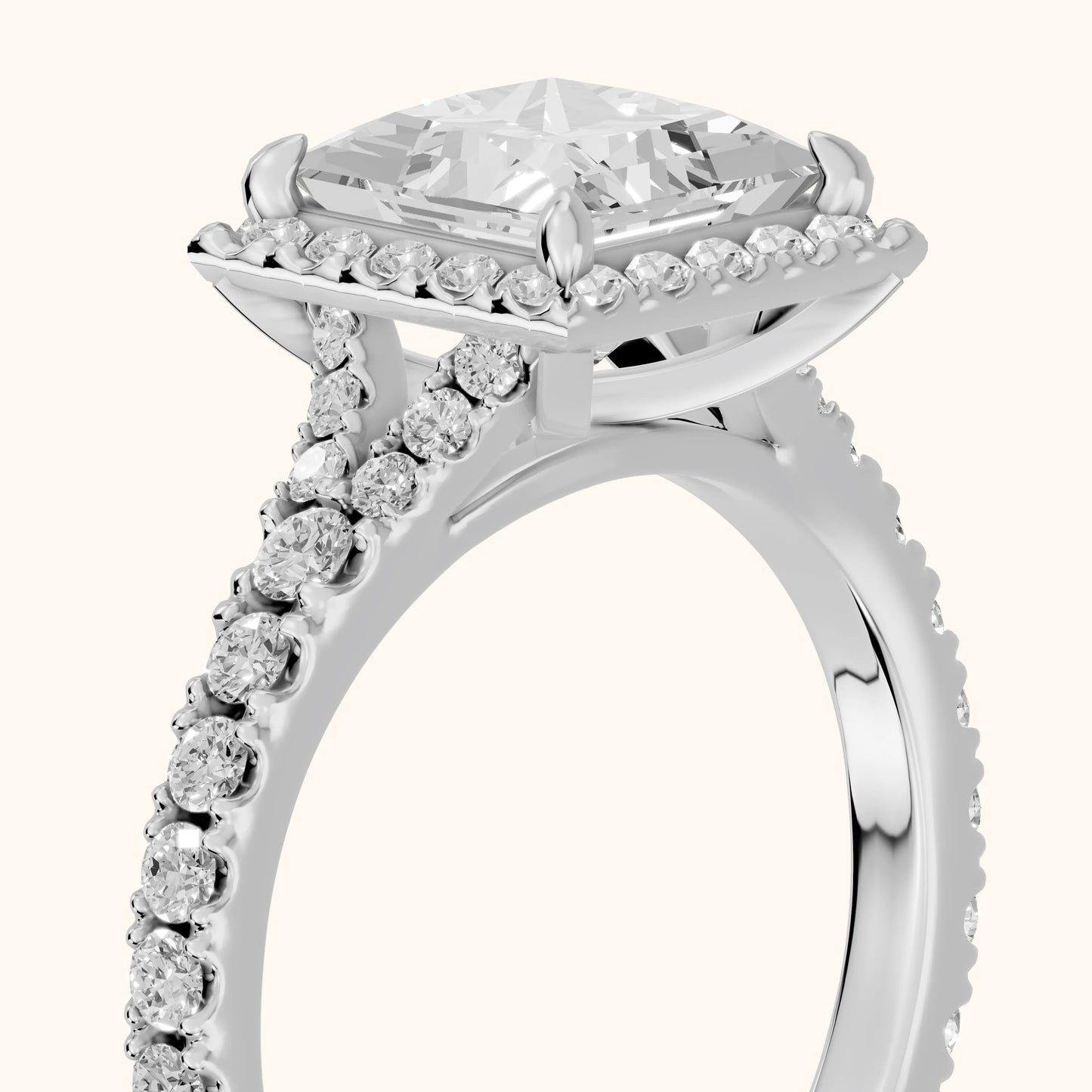 Bella Halo Pavé Princess Diamond Engagement Ring in Platinum - slant-view.webp