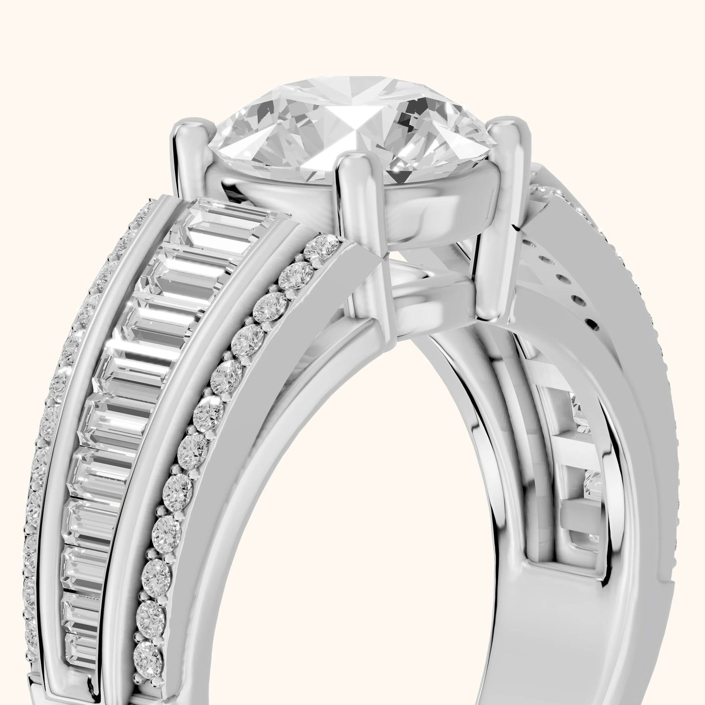 Halle Channel Set Baguette Accent Round Diamond Engagement Ring in White Gold - slant-view.webp