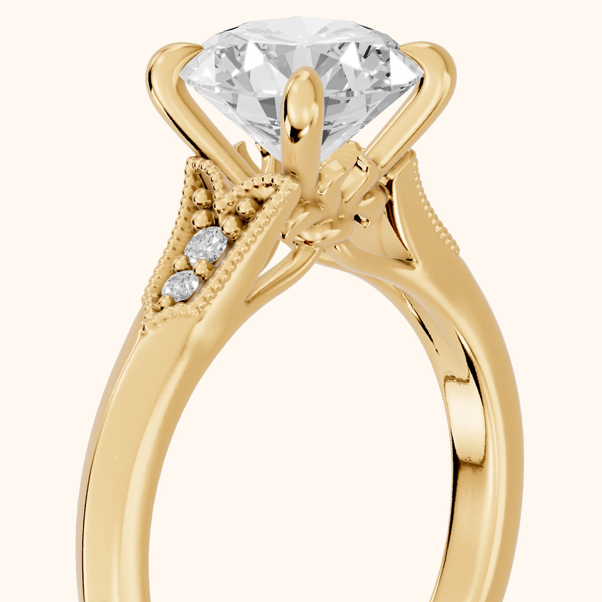 Paisley Milgrain Pavé Round Diamond Engagement Ring in Yellow Gold - slant-view.webp