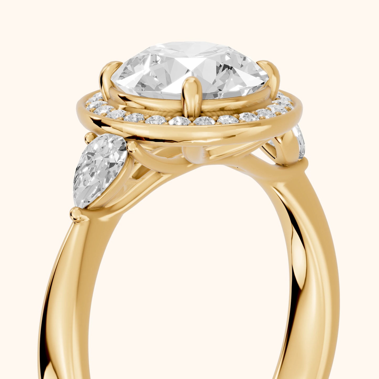 Eliza Halo Sidestone Round Diamond Engagement Ring in Yellow Gold - slant-view.webp