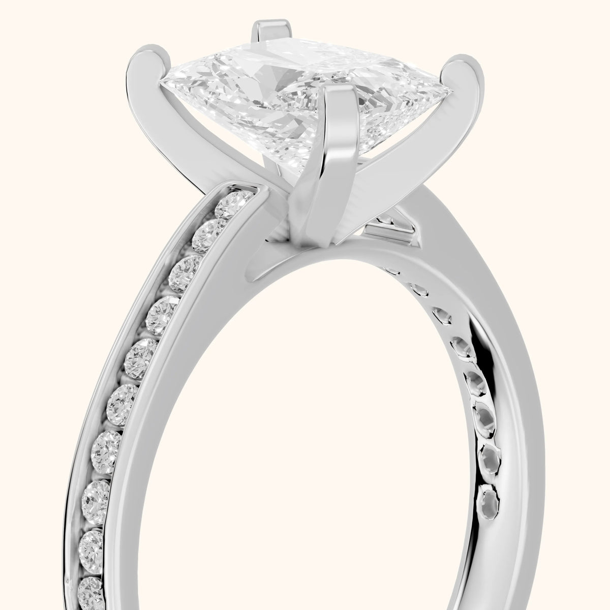 Tessa Solitaire Channel Set Radiant Diamond Engagement Ring in Platinum - slant-view.webp