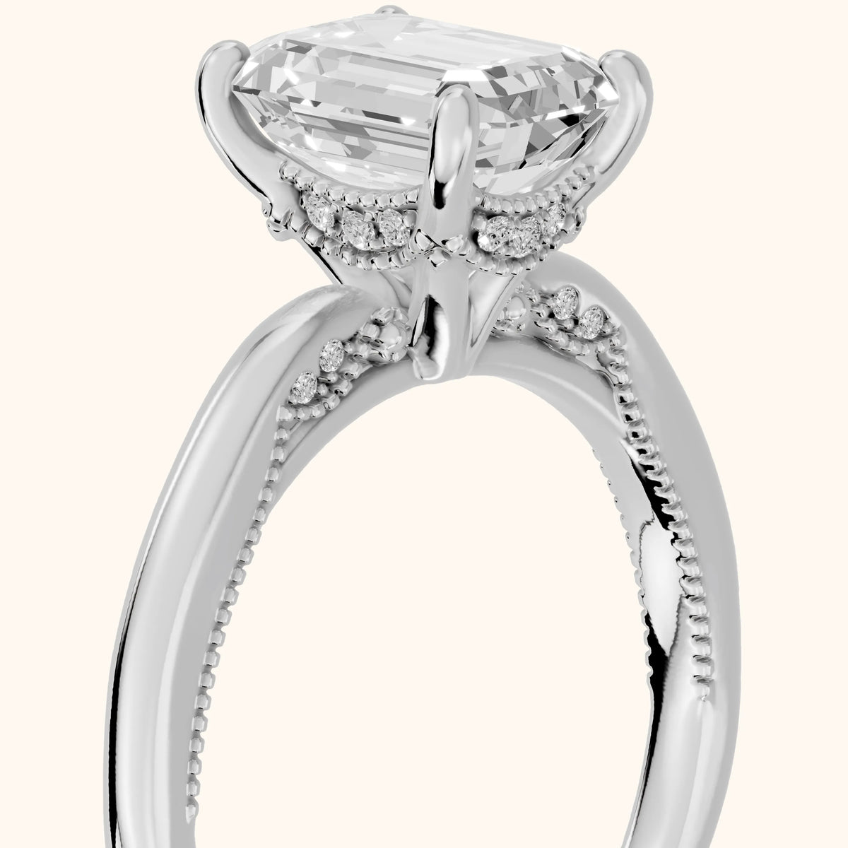 Lowell Hidden Halo Milgrain Emerald Diamond Engagement Ring in Platinum - slant-view.webp