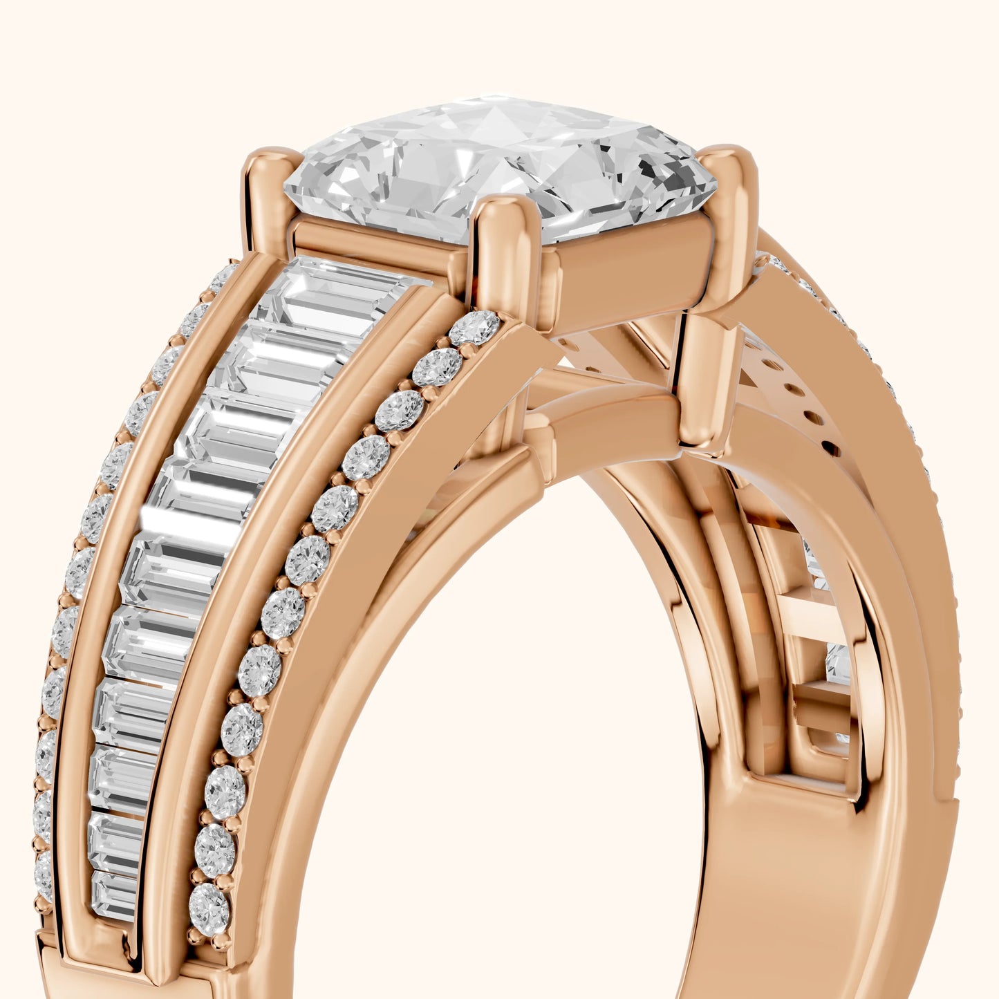 Halle Channel Set Baguette Accent Radiant Diamond Engagement Ring in Rose Gold - slant-view.webp