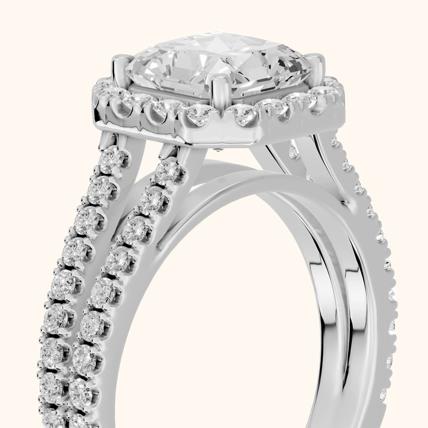 Kira Halo Split Shank Radiant Diamond Engagement Ring in White Gold - slant-view.webp