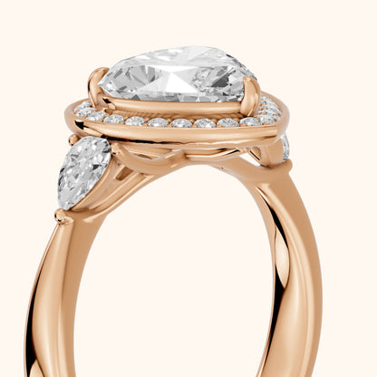 Eliza Halo Sidestone Heart Diamond Engagement Ring in Rose Gold - slant-view.webp