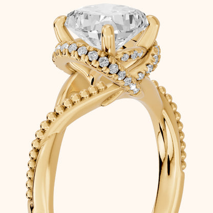 Aileen Hidden Halo Milgrain Cushion Diamond Engagement Ring in Yellow Gold - slant-view.webp