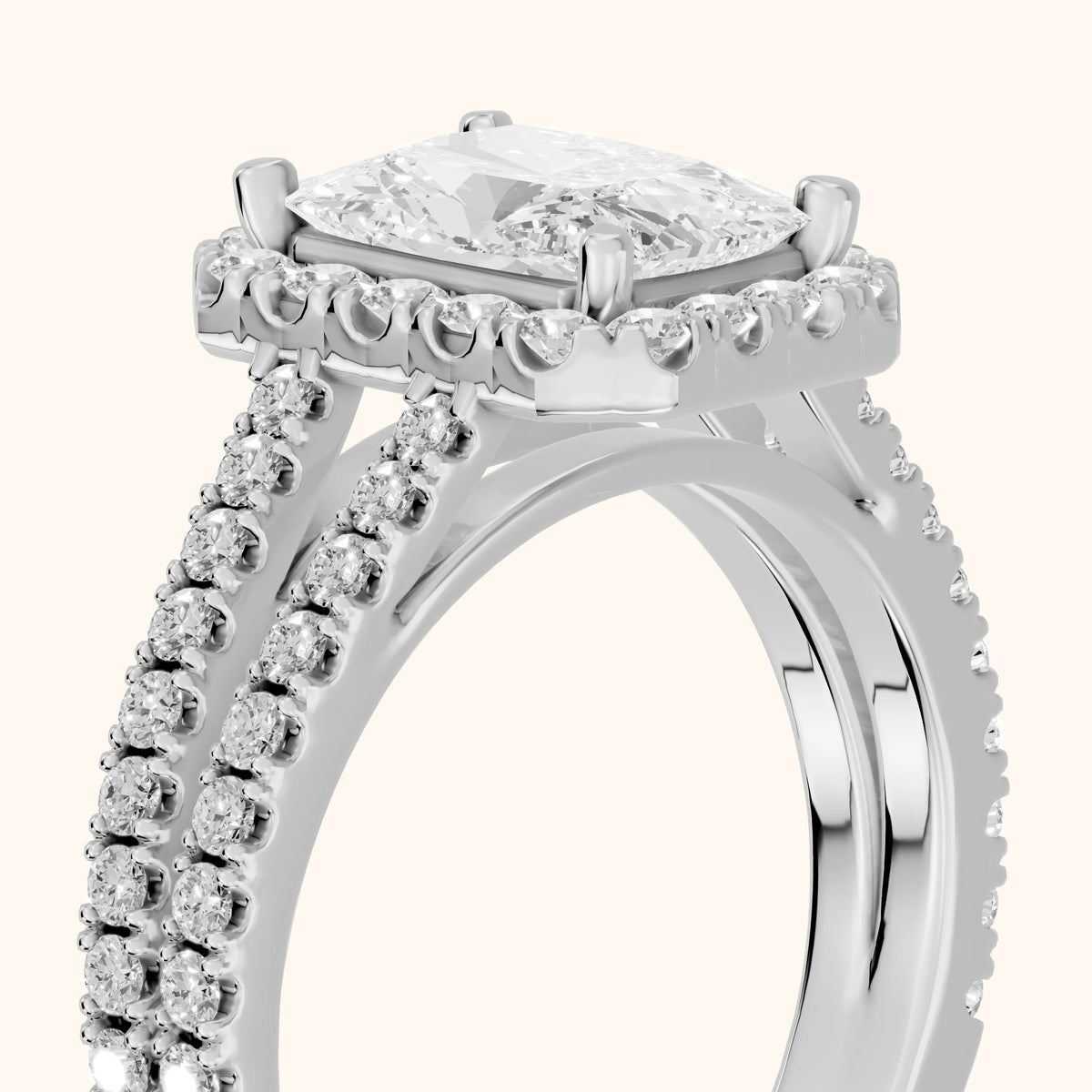 Kira Halo Split Shank Radiant Diamond Engagement Ring in Platinum - slant-view.webp