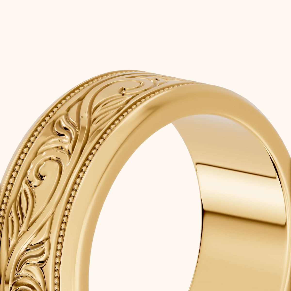 Navya Carved Milgrain Wedding Band in Yellow Gold - slant-view