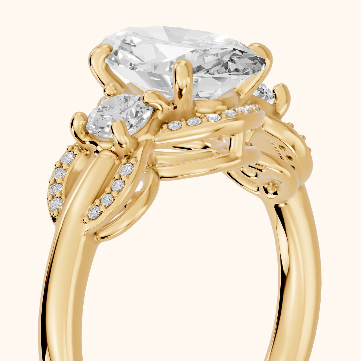 Briar Vine Three-Stone Oval Diamond Engagement Ring in Yellow Gold - slant-view.webp