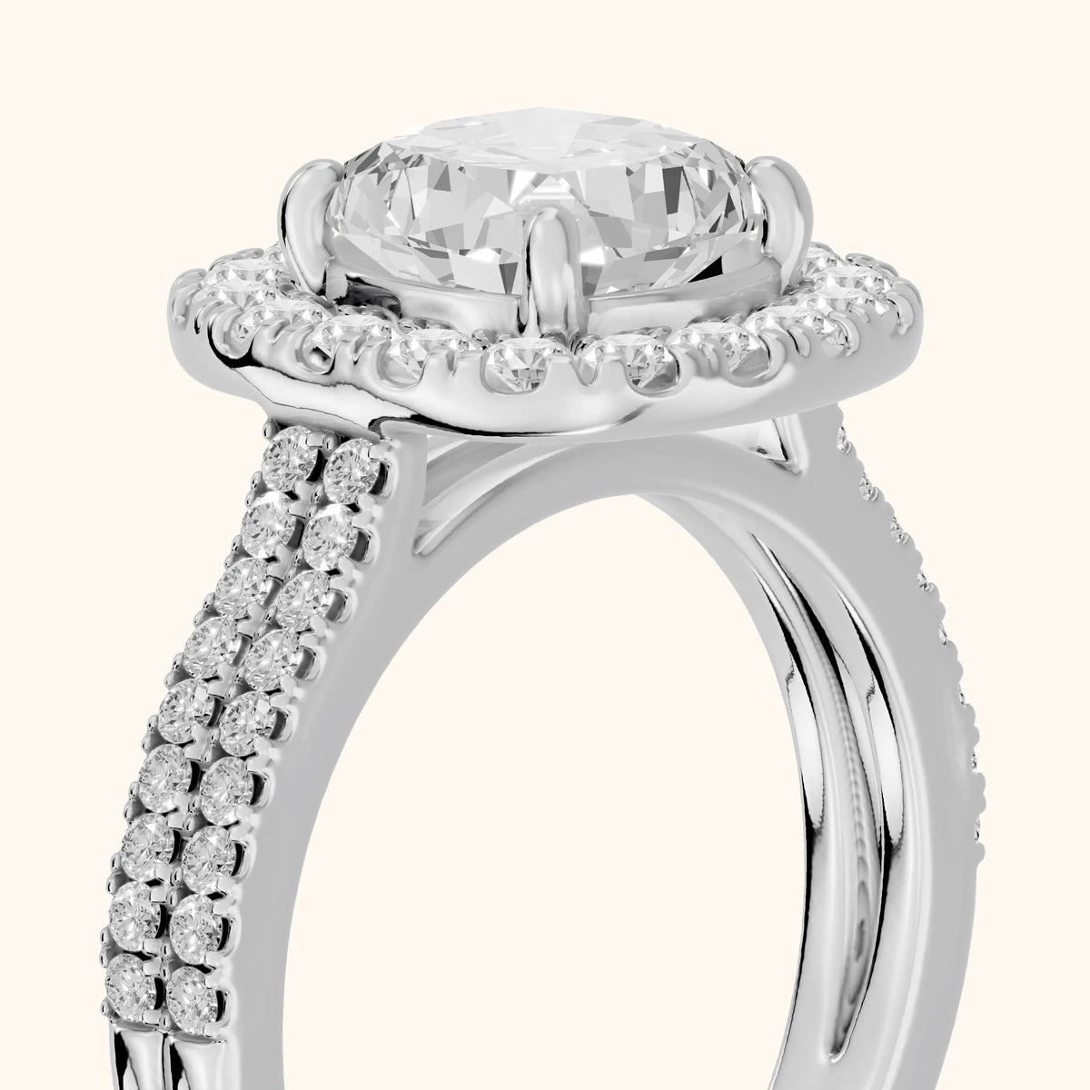 Blythe Halo Split Shank Cushion Diamond Engagement Ring in Platinum - slant-view.webp
