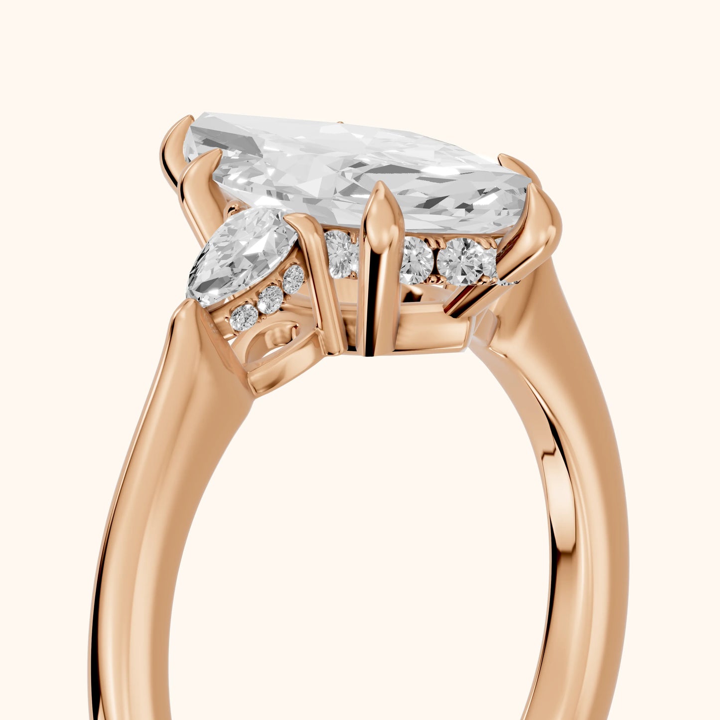 Leila Three-Stone Marquise Diamond Engagement Ring in Rose Gold - slant-view.webp
