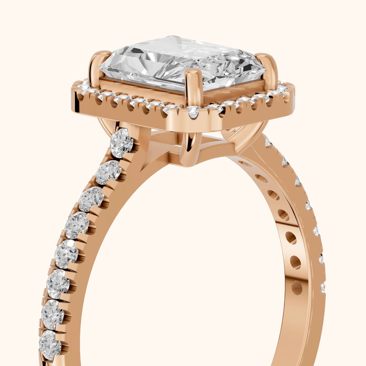 Mabel Halo French Pavé Radiant Diamond Engagement Ring in Rose Gold - slant-view.webp