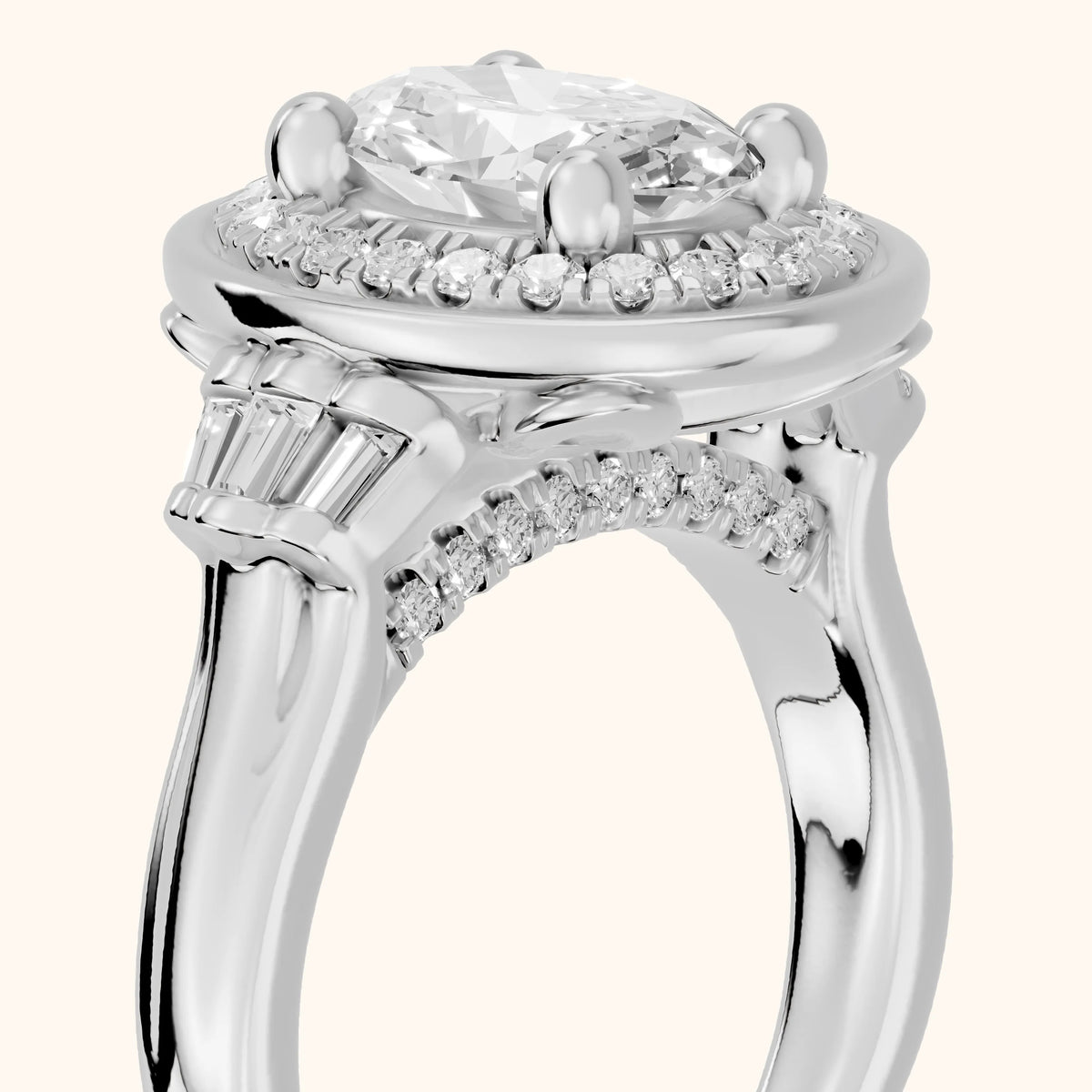 Milan Deco Halo Oval Diamond Engagement Ring in Platinum - slant-view.webp