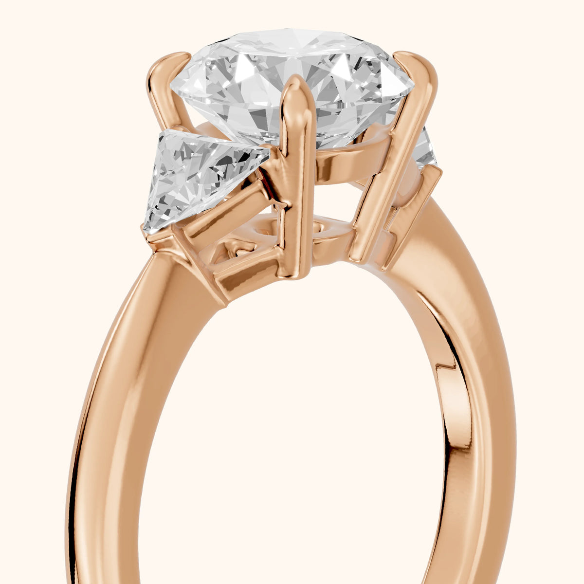 Clemency Three-Stone Cathedral Round Diamond Engagement Ring in Rose Gold - slant-view.webp