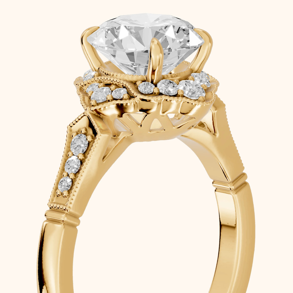 Esther Milgrain Halo Round Diamond Engagement Ring in Yellow Gold - slant-view.webp