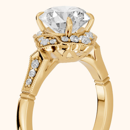 Esther Milgrain Halo Round Diamond Engagement Ring in Yellow Gold - slant-view.webp