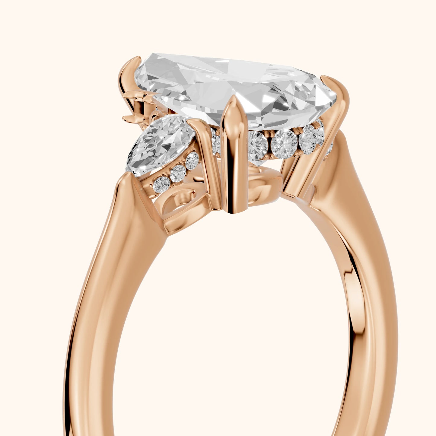 Leila Three-Stone Pear Diamond Engagement Ring in Rose Gold - slant-view.webp