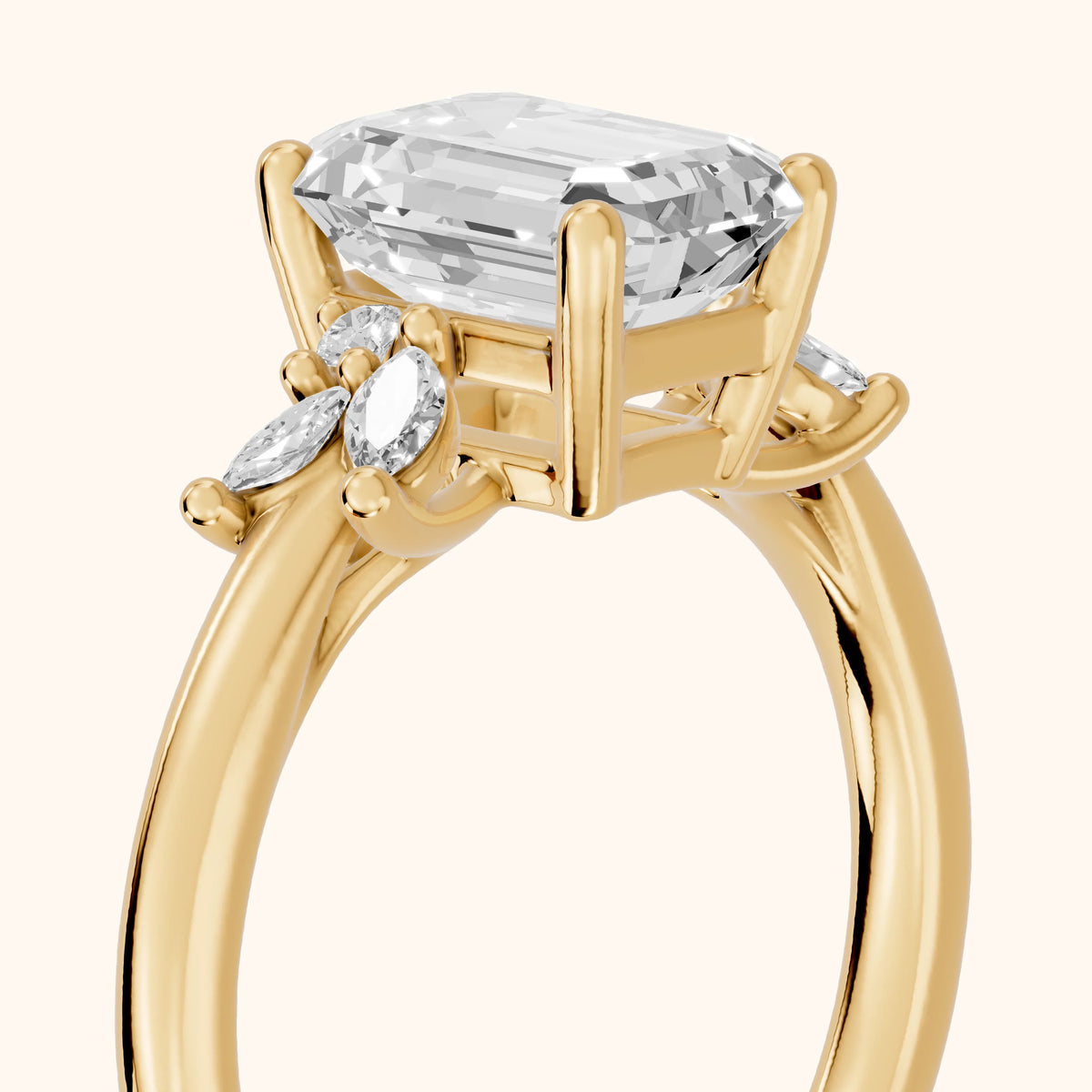 Avon Leaf Cluster Emerald Diamond Engagement Ring in Yellow Gold - slant-view.webp