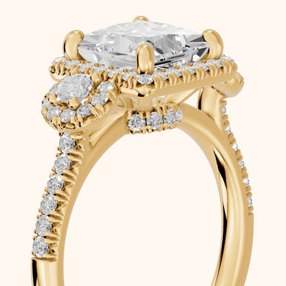 Denver Three-Stone Halo Princess Diamond Engagement Ring in Yellow Gold - slant-view.webp