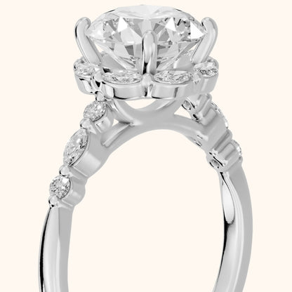 Valentina Petal Halo Round Diamond Engagement Ring in Silver - slant-view.webp
