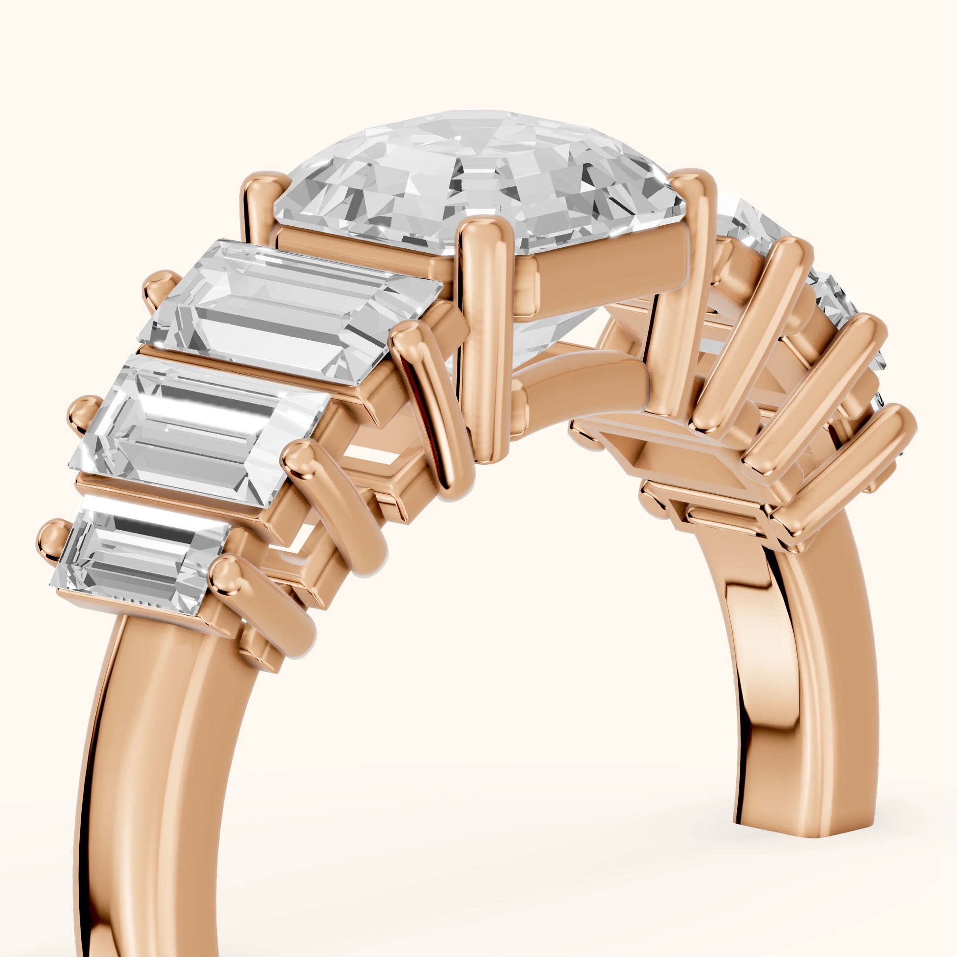 Mara Sidestone Baguette Accent Asscher Diamond Engagement Ring in Rose Gold - slant-view.webp