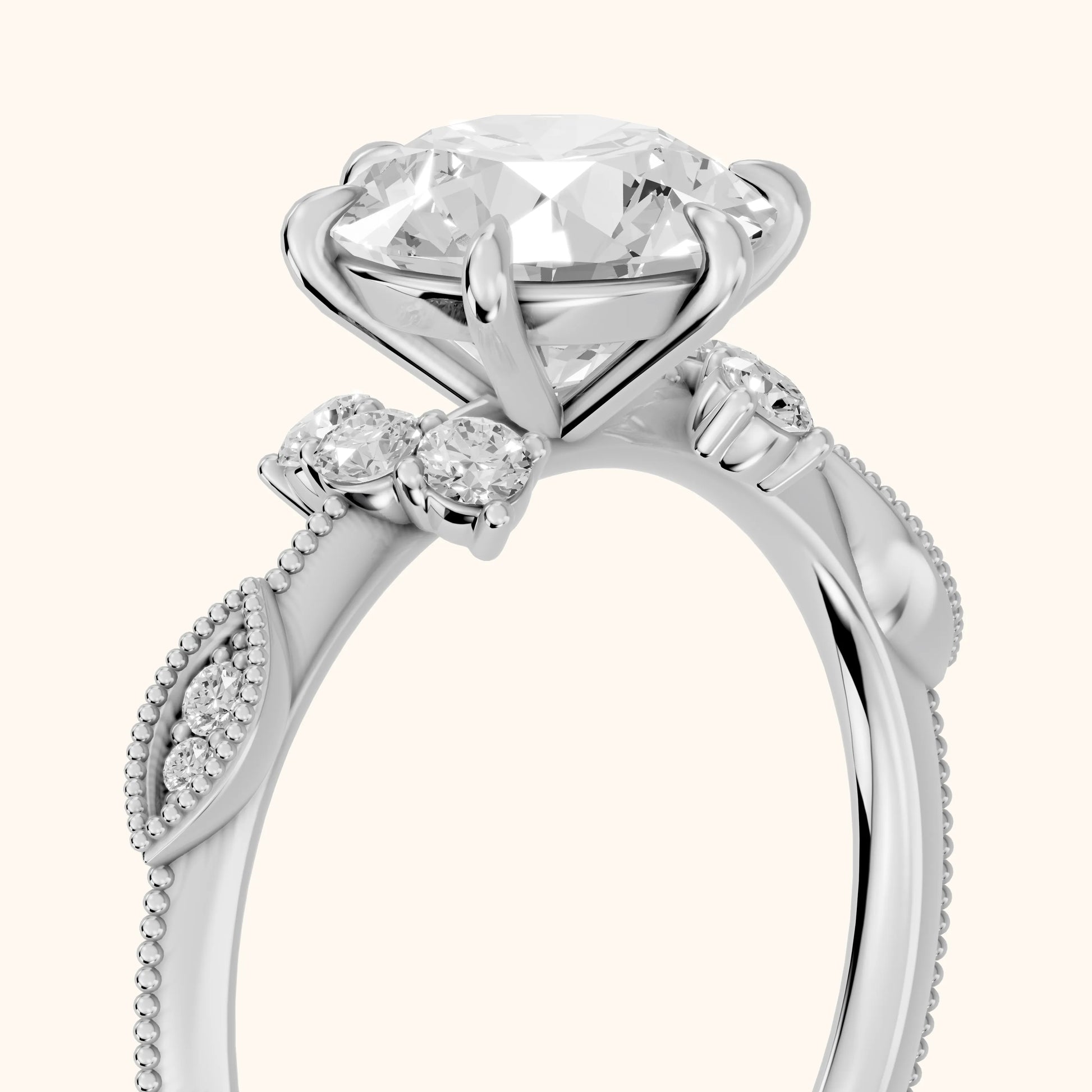 Naomi Vintage Milgrain Round Diamond Engagement Ring in White Gold - slant-view.webp