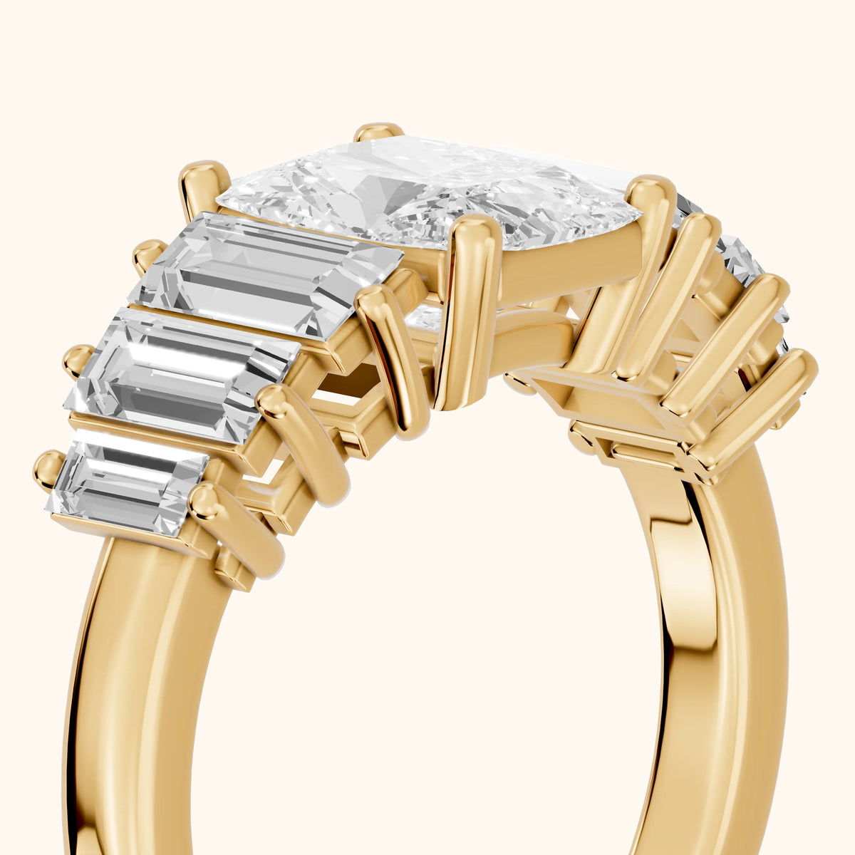 Mara Sidestone Baguette Accent Radiant Diamond Engagement Ring in Yellow Gold - slant-view.webp
