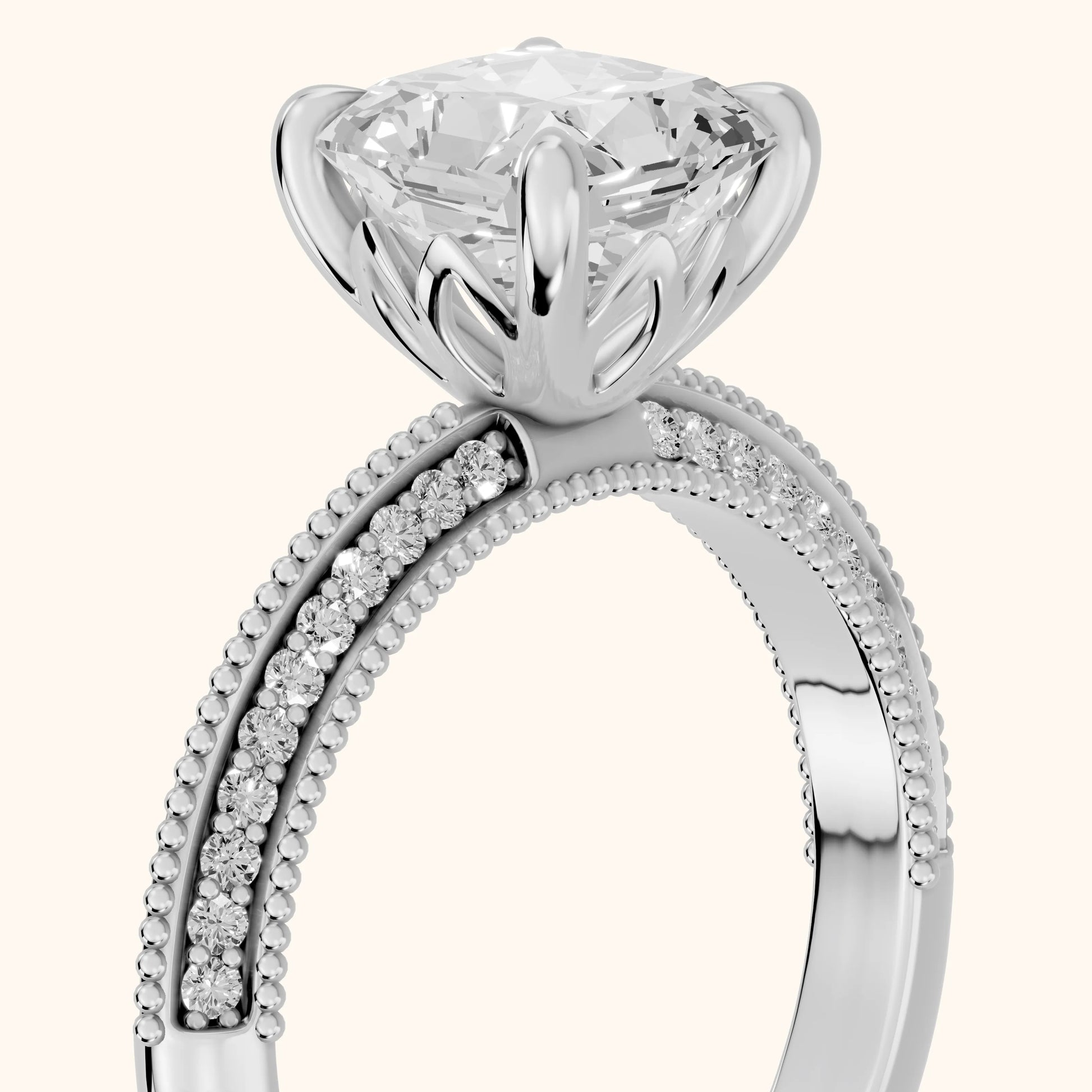 Indie Vintage Milgrain Radiant Diamond Engagement Ring in Silver - slant-view.webp