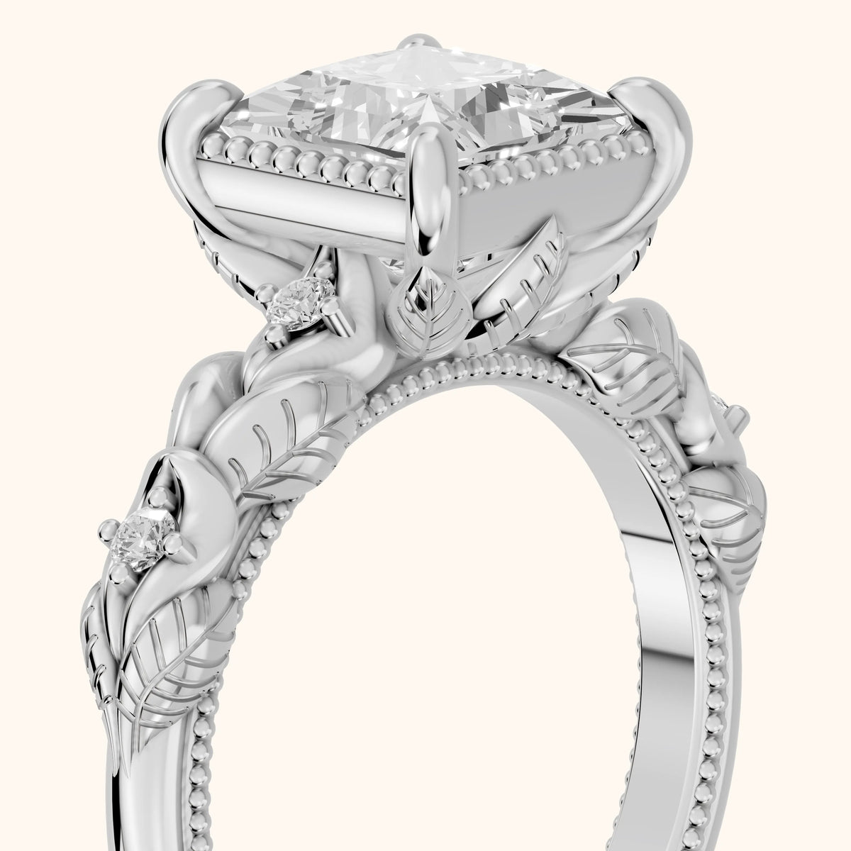 Pelham Vintage Leaf Princess Diamond Engagement Ring in Silver - slant-view.webp