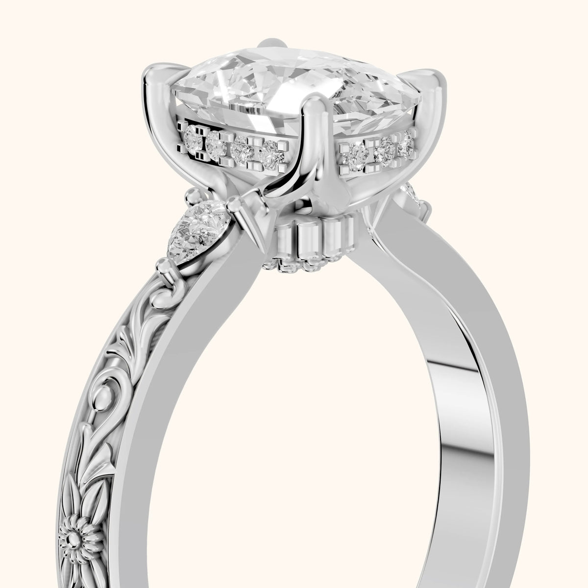 Siesta Three-Stone Engraved Cushion Diamond Engagement Ring in Silver - slant-view.webp