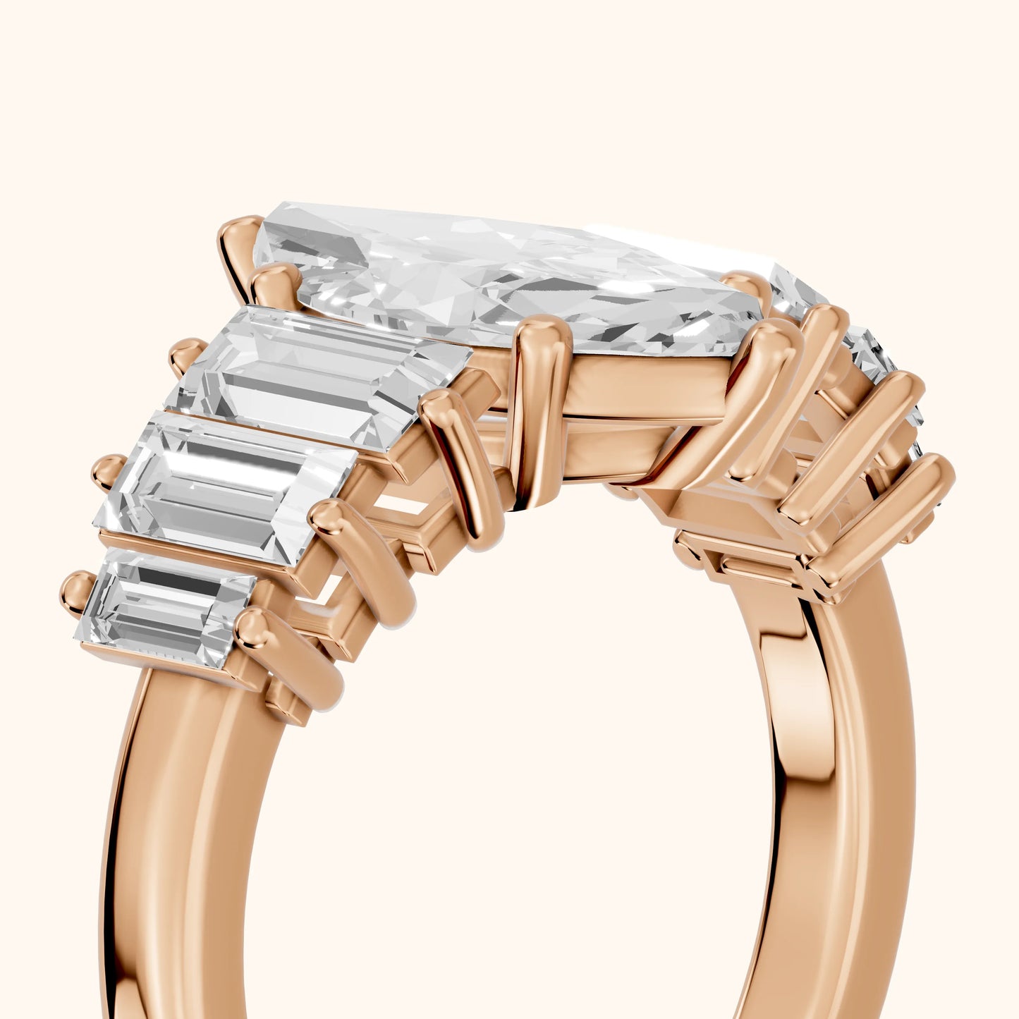 Mara Sidestone Baguette Accent Marquise Diamond Engagement Ring in Rose Gold - slant-view.webp