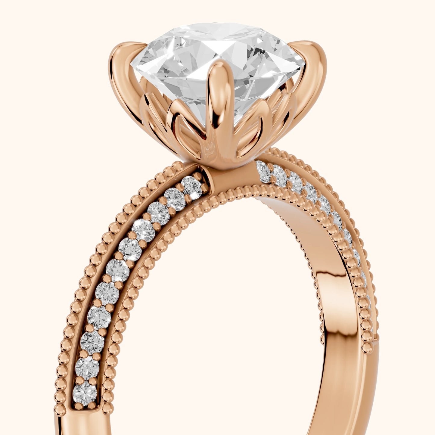 Indie Vintage Milgrain Round Diamond Engagement Ring in Rose Gold - slant-view.webp