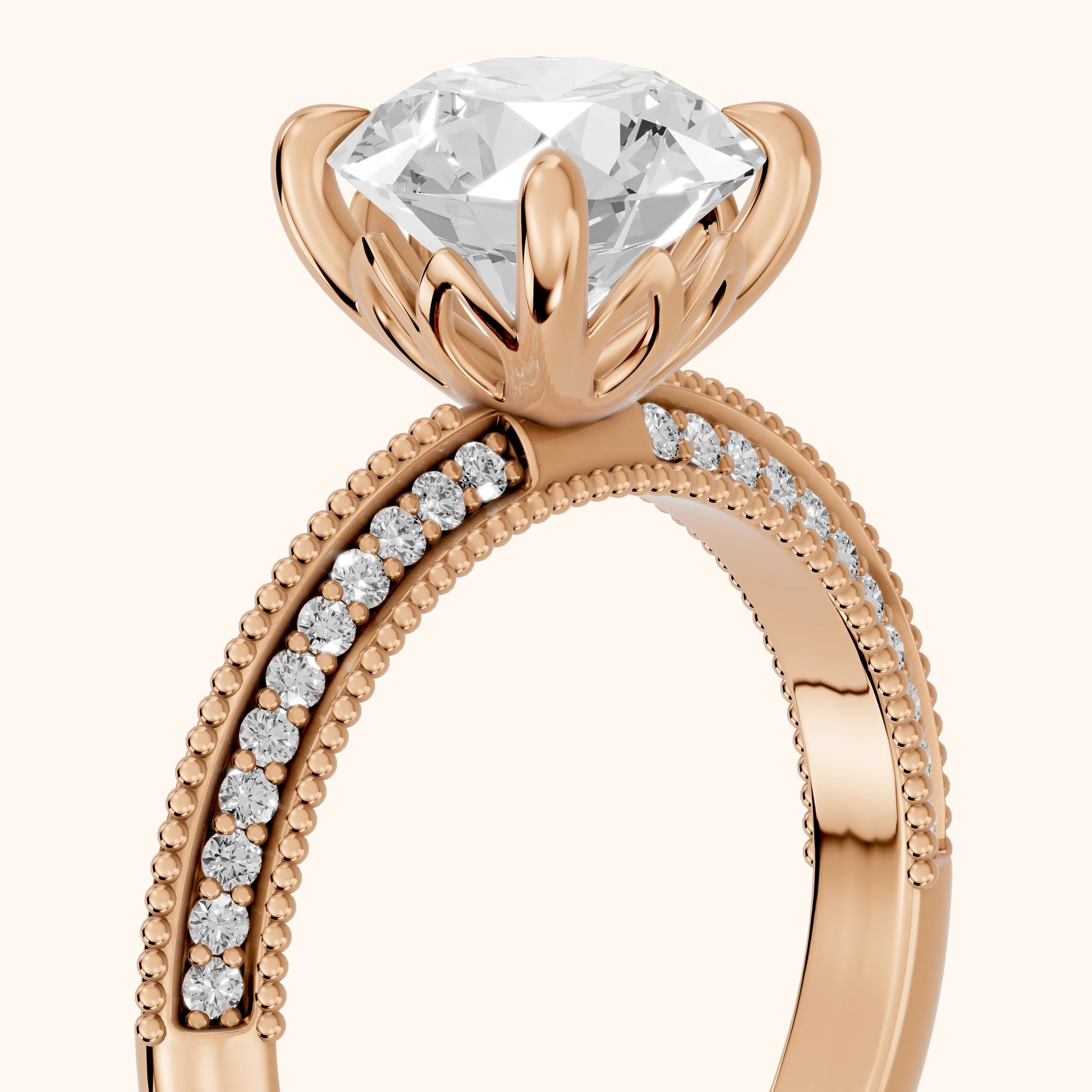 Indie Vintage Milgrain Round Diamond Engagement Ring in Rose Gold - slant-view.webp