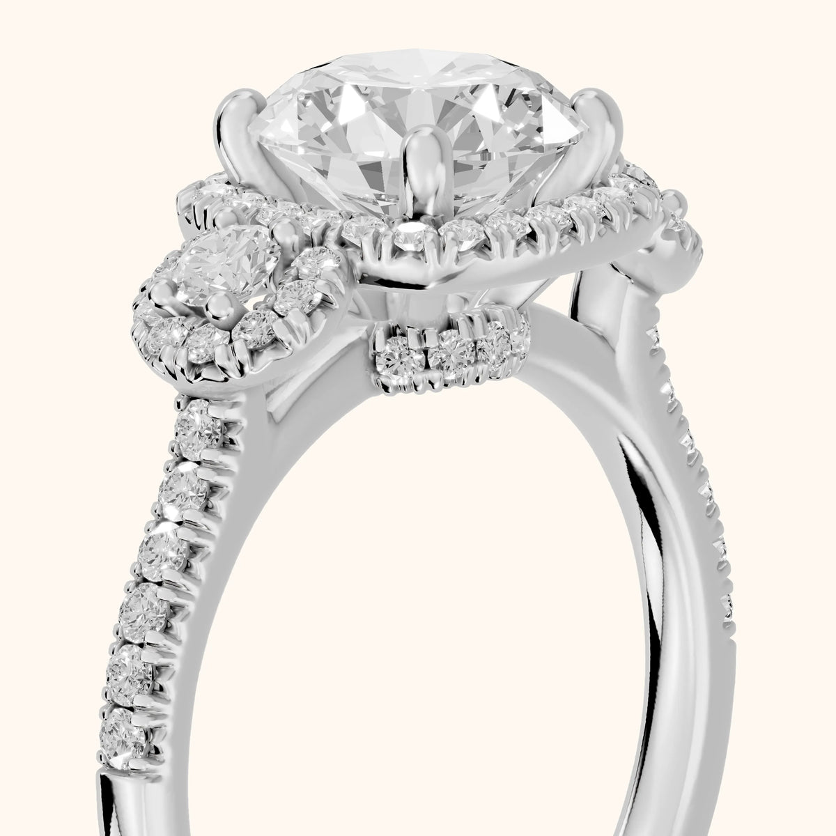 Denver Three-Stone Halo Round Diamond Engagement Ring in Platinum - slant-view.webp