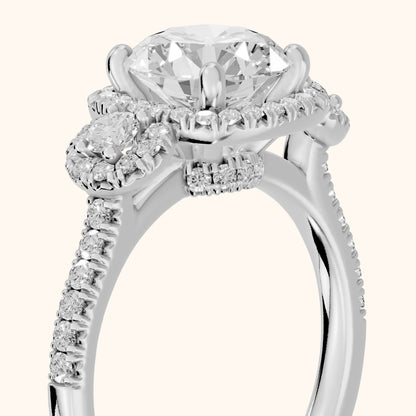 Denver Three-Stone Halo Round Diamond Engagement Ring in Platinum - slant-view.webp