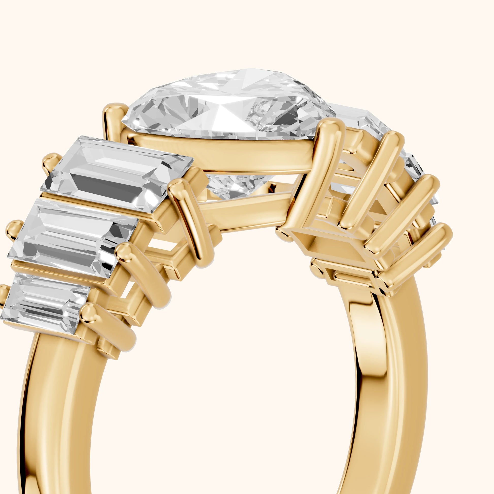Mara Sidestone Baguette Accent Heart Diamond Engagement Ring in Yellow Gold - slant-view.webp