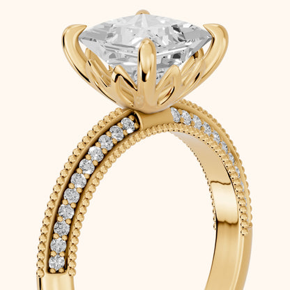 Indie Vintage Milgrain Princess Diamond Engagement Ring in Yellow Gold - slant-view.webp