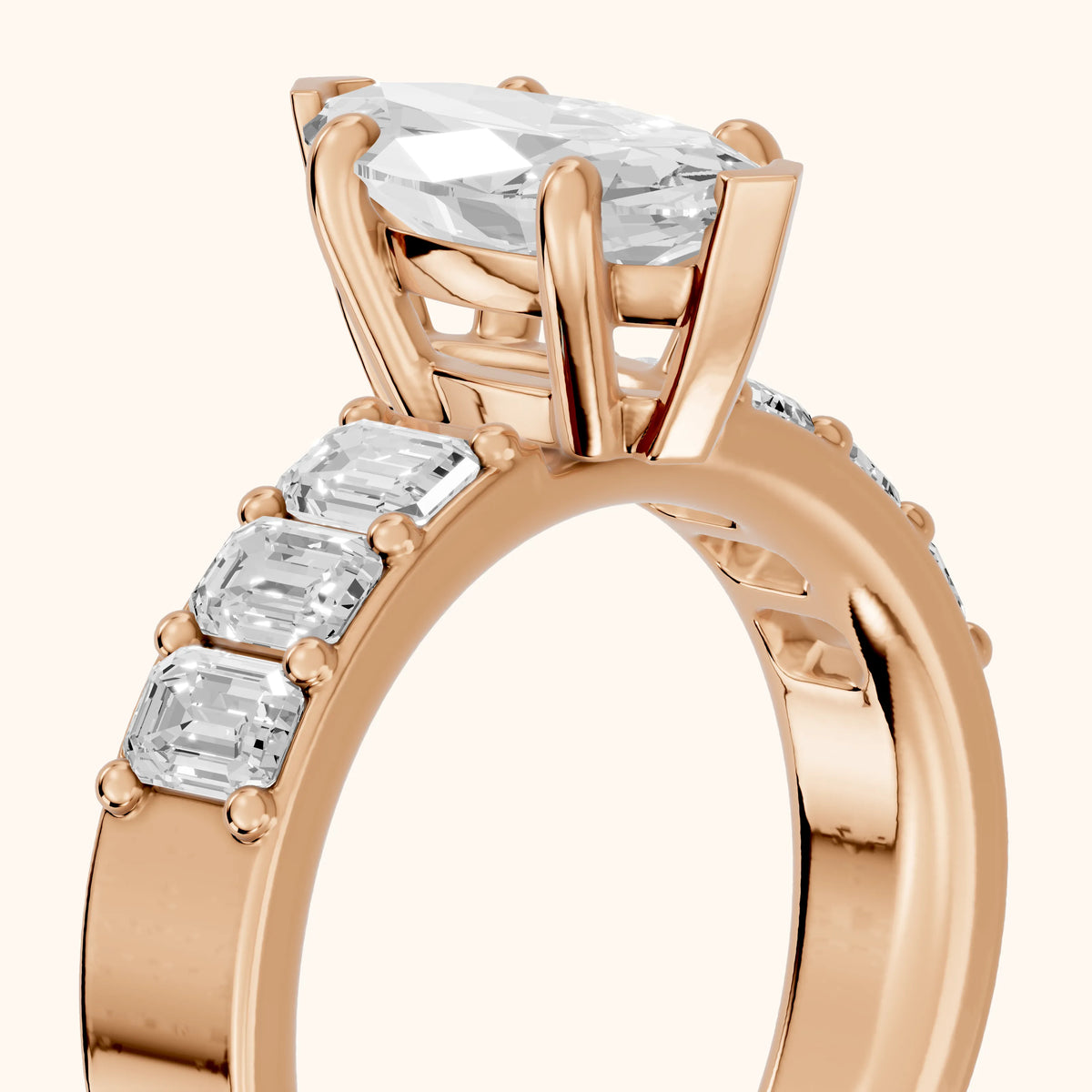 Maia Wide Band Baguette Marquise Diamond Engagement Ring in Rose Gold - slant-view.webp