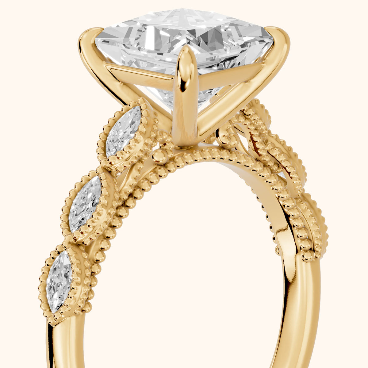Freya Milgrain Leaf Princess Diamond Engagement Ring in Yellow Gold - slant-view.webp