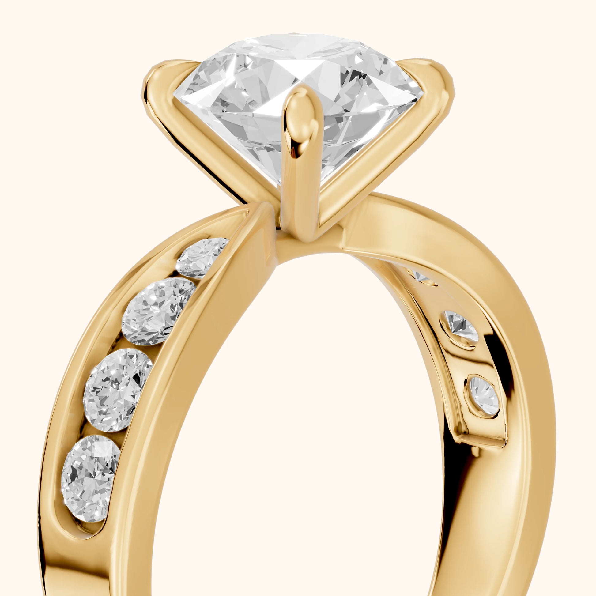 Noor Channel Set Sidestone Round Diamond Engagement Ring in Yellow Gold - slant-view.webp