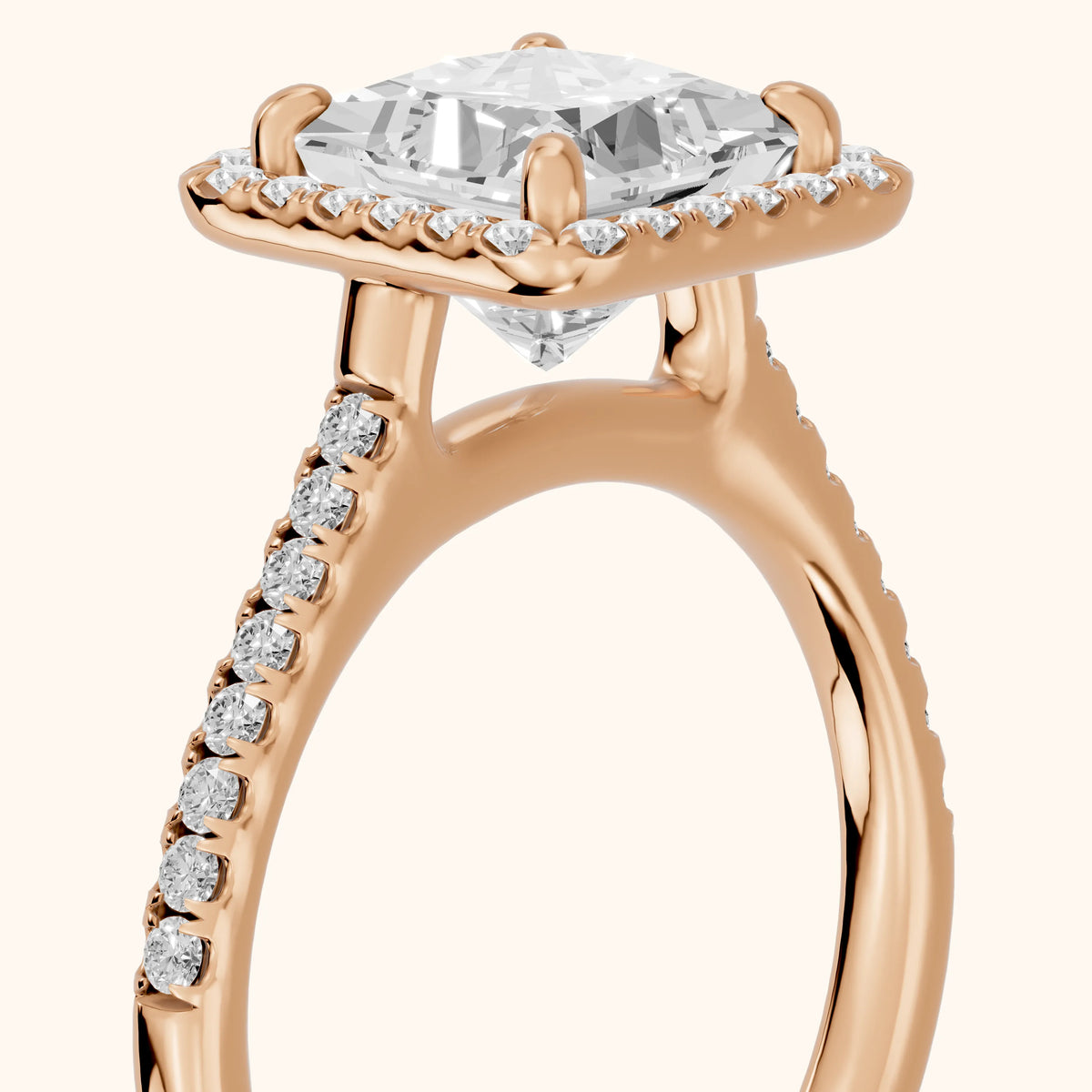 Jodie Halo Pavé Princess Diamond Engagement Ring in Rose Gold - slant-view.webp