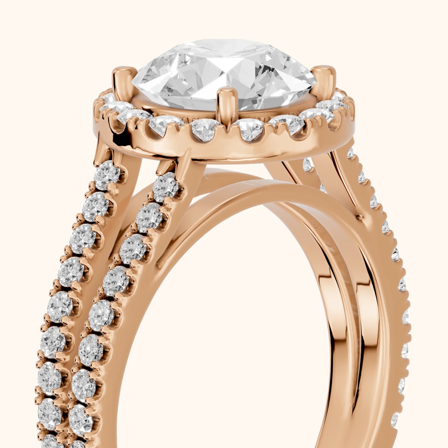 Kira Halo Split Shank Round Diamond Engagement Ring in Rose Gold - slant-view.webp
