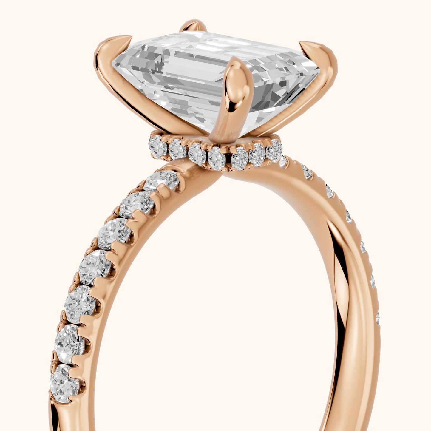 Maya Hidden Halo Pavé Emerald Diamond Engagement Ring in Rose Gold - slant-view.webp
